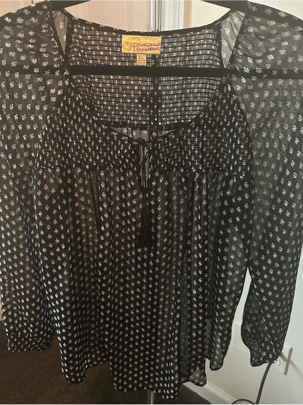 Vera Wang Black Sheer Printed Tie-Front Peasant Tunic